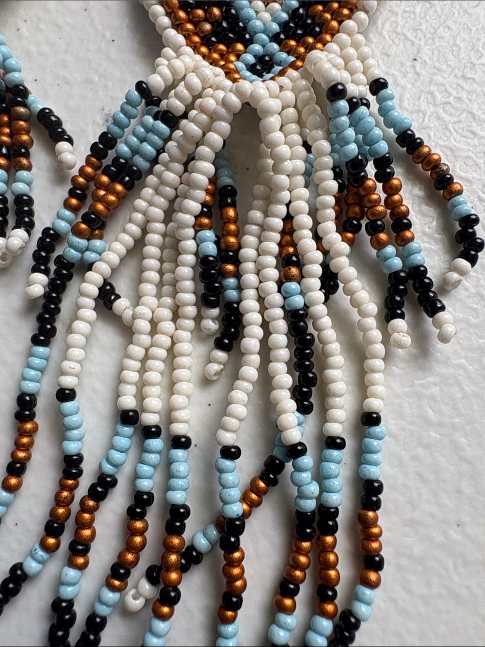 Handmade Beaded Fringe Earrings - White, Light Blue, Copper, Black - Picture 3 of 5